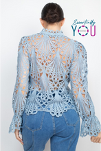 Load image into Gallery viewer, Dusty Blue Crochet Sheer Knit Top