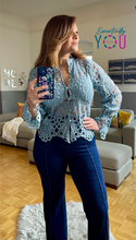 Load image into Gallery viewer, Dusty Blue Crochet Sheer Knit Top