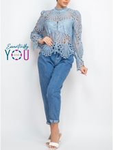 Load image into Gallery viewer, Dusty Blue Crochet Sheer Knit Top