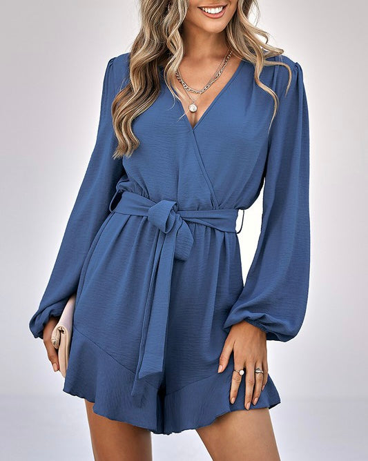 Cross V Neck Belt Solid Romper