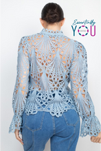 Load image into Gallery viewer, Dusty Blue Crochet Sheer Knit Top
