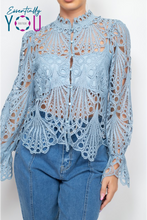 Load image into Gallery viewer, Dusty Blue Crochet Sheer Knit Top

