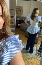 Load image into Gallery viewer, Ruffle Stripes Sleeve Peplum T-Shirt
