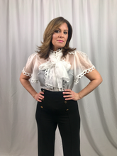 Load image into Gallery viewer, Short Sleeve Ribbon Bow See Through Button Blouse
