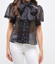 Load image into Gallery viewer, Short Sleeve Ribbon Bow See Through Button Blouse
