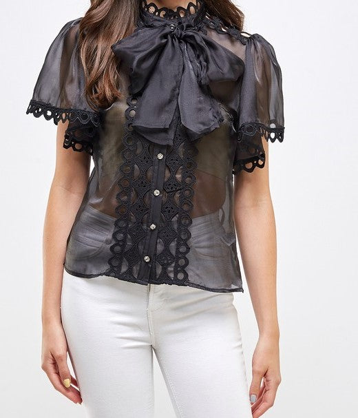 Short Sleeve Ribbon Bow See Through Button Blouse