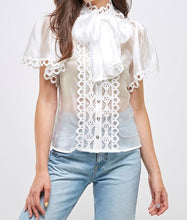 Load image into Gallery viewer, Short Sleeve Ribbon Bow See Through Button Blouse
