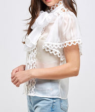 Load image into Gallery viewer, Short Sleeve Ribbon Bow See Through Button Blouse
