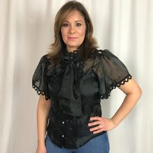 Load image into Gallery viewer, Short Sleeve Ribbon Bow See Through Button Blouse
