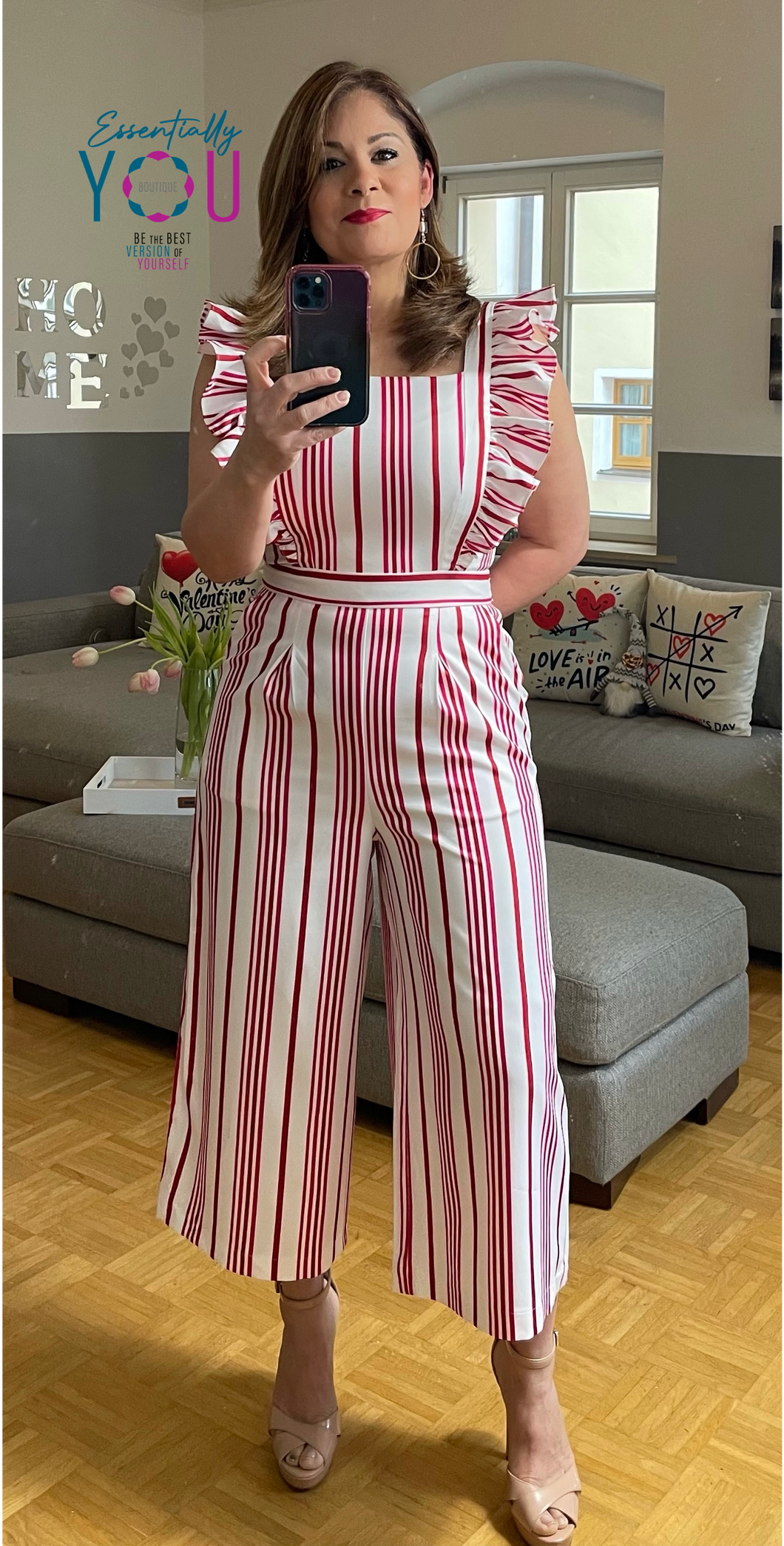Sleeveless Ruffle Stripe Capri Jumpsuit